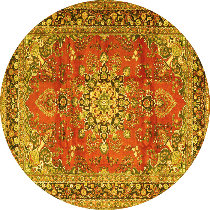 Round Machine Washable Medallion Yellow Traditional Rug, wshtr4359yw