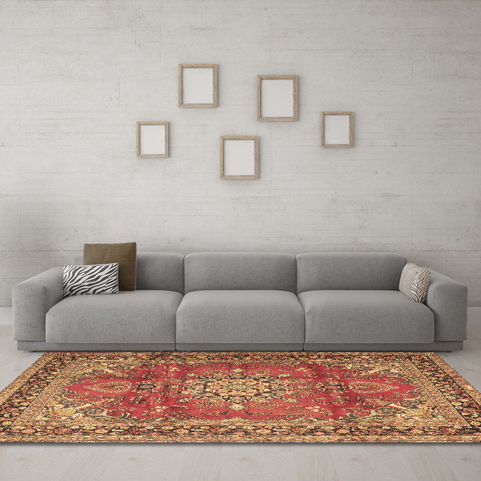 Machine Washable Medallion Brown Traditional Rug in a Living Room,, wshtr4359brn