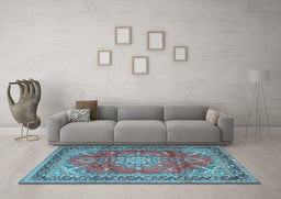 Machine Washable Medallion Light Blue Traditional Rug in a Living Room, wshtr4359lblu