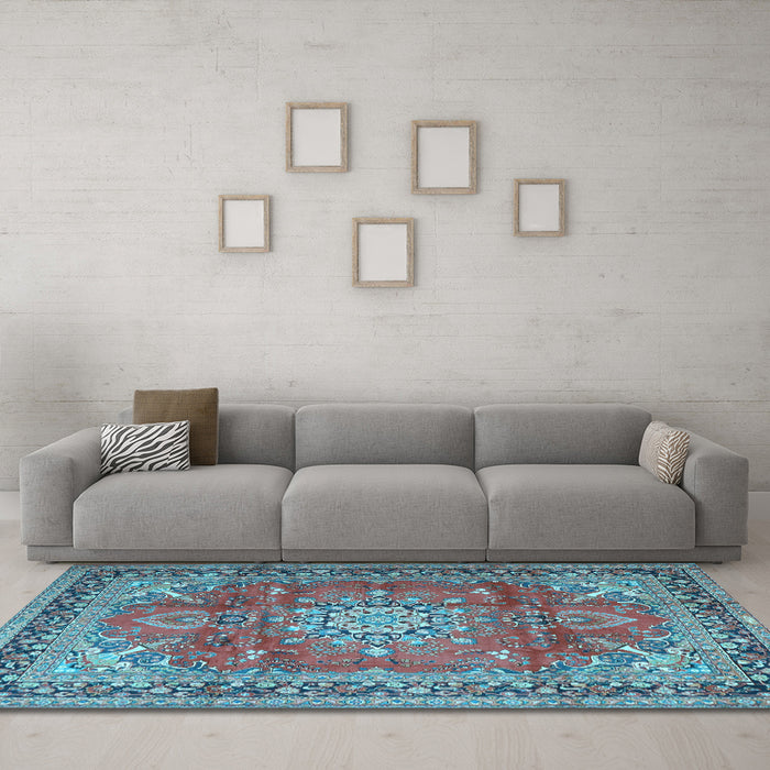 Machine Washable Medallion Light Blue Traditional Rug in a Living Room, wshtr4359lblu