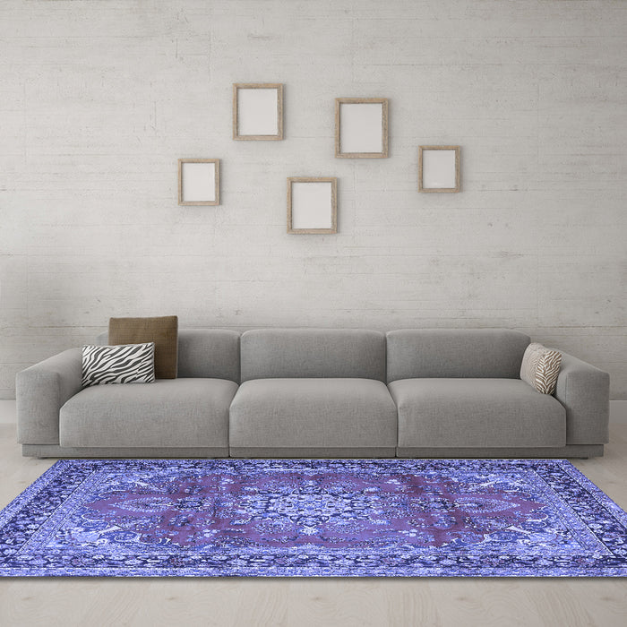 Machine Washable Medallion Blue Traditional Rug in a Living Room, wshtr4359blu