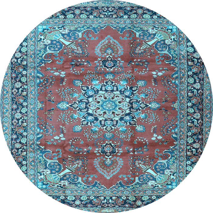Round Machine Washable Medallion Light Blue Traditional Rug, wshtr4359lblu