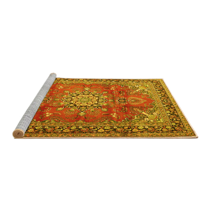 Sideview of Machine Washable Medallion Yellow Traditional Rug, wshtr4359yw