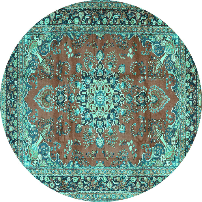 Round Machine Washable Medallion Turquoise Traditional Area Rugs, wshtr4359turq