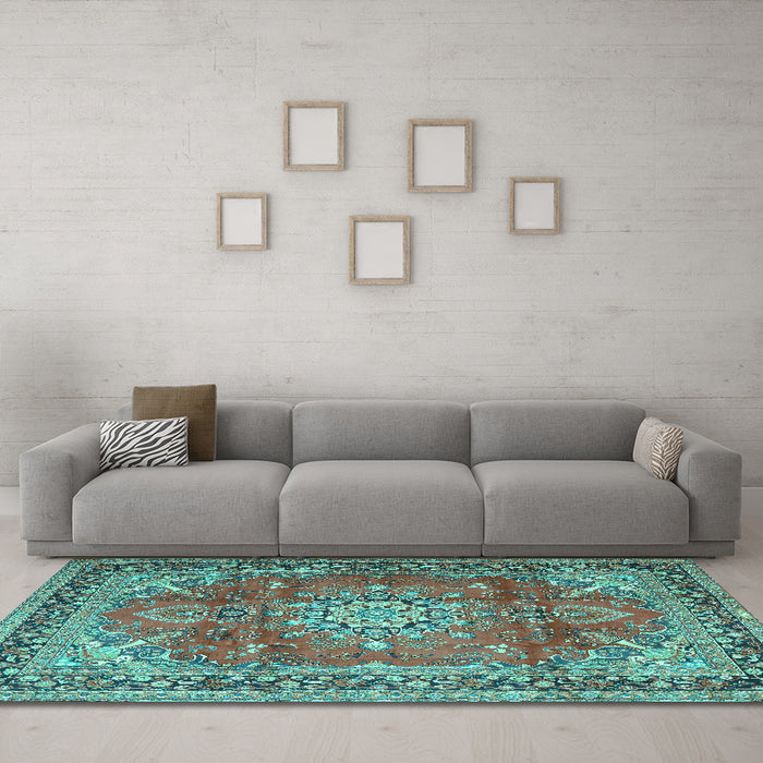 Machine Washable Medallion Turquoise Traditional Area Rugs in a Living Room,, wshtr4359turq
