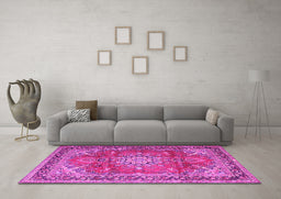 Machine Washable Medallion Pink Traditional Rug in a Living Room, wshtr4359pnk