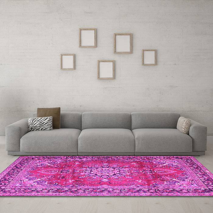 Machine Washable Medallion Pink Traditional Rug in a Living Room, wshtr4359pnk