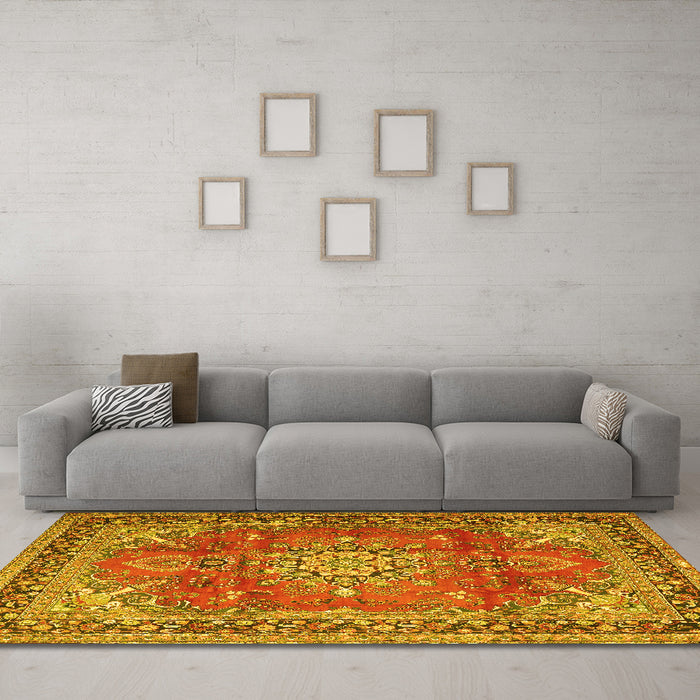 Machine Washable Medallion Yellow Traditional Rug in a Living Room, wshtr4359yw