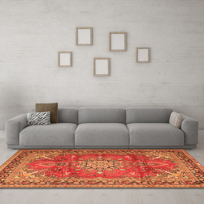 Machine Washable Medallion Orange Traditional Area Rugs in a Living Room, wshtr4359org