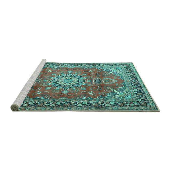Sideview of Machine Washable Medallion Turquoise Traditional Area Rugs, wshtr4359turq
