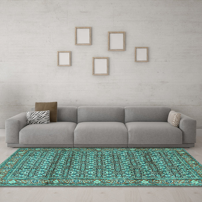 Machine Washable Persian Turquoise Traditional Area Rugs in a Living Room,, wshtr4360turq