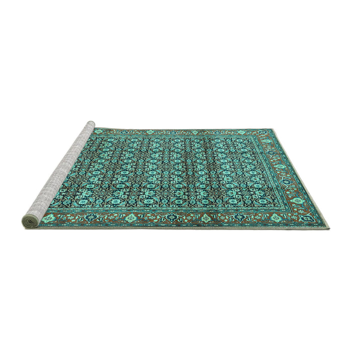 Sideview of Machine Washable Persian Turquoise Traditional Area Rugs, wshtr4360turq