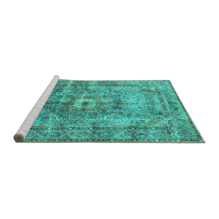 Sideview of Machine Washable Persian Turquoise Traditional Area Rugs, wshtr4361turq