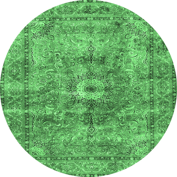 Round Machine Washable Persian Emerald Green Traditional Area Rugs, wshtr4361emgrn