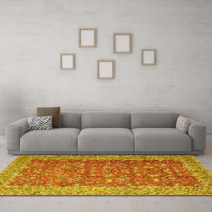 Machine Washable Persian Yellow Traditional Rug in a Living Room, wshtr4362yw