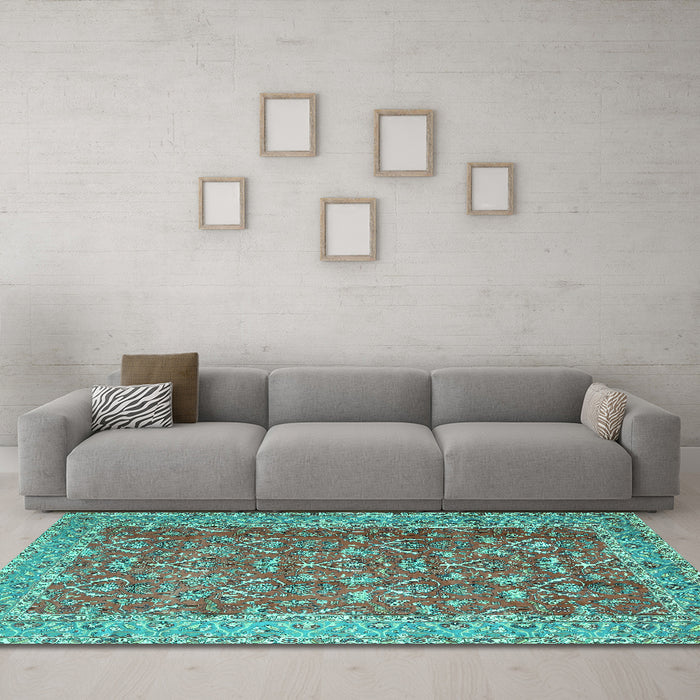 Machine Washable Persian Turquoise Traditional Area Rugs in a Living Room,, wshtr4362turq