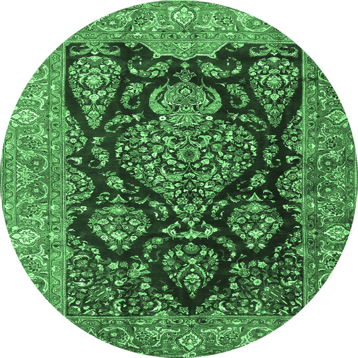 Round Machine Washable Persian Emerald Green Traditional Area Rugs, wshtr4363emgrn