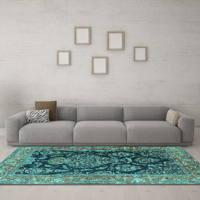 Machine Washable Persian Turquoise Traditional Area Rugs in a Living Room,, wshtr4363turq