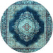 Round Machine Washable Medallion Light Blue Traditional Rug, wshtr4364lblu