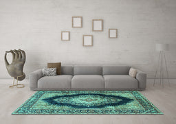 Machine Washable Medallion Turquoise Traditional Area Rugs in a Living Room,, wshtr4364turq