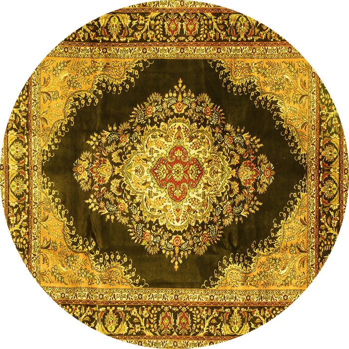 Round Machine Washable Medallion Yellow Traditional Rug, wshtr4364yw
