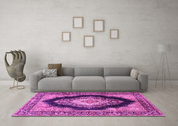 Machine Washable Medallion Pink Traditional Rug in a Living Room, wshtr4364pnk