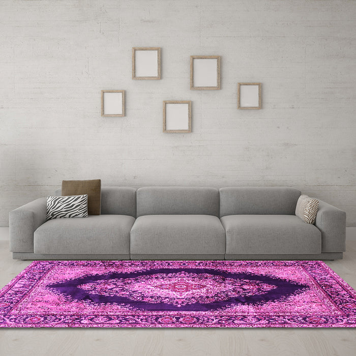 Machine Washable Medallion Pink Traditional Rug in a Living Room, wshtr4364pnk