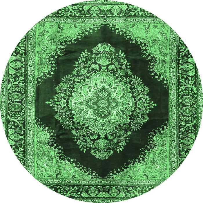 Round Machine Washable Medallion Emerald Green Traditional Area Rugs, wshtr4364emgrn