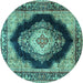 Round Machine Washable Medallion Turquoise Traditional Area Rugs, wshtr4364turq