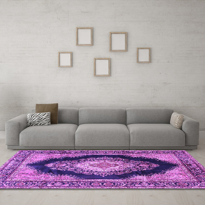 Machine Washable Medallion Purple Traditional Area Rugs in a Living Room, wshtr4364pur