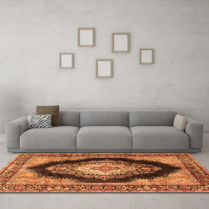 Machine Washable Medallion Orange Traditional Area Rugs in a Living Room, wshtr4364org