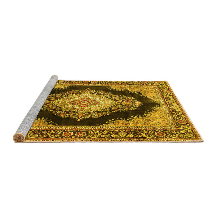 Sideview of Machine Washable Medallion Yellow Traditional Rug, wshtr4364yw