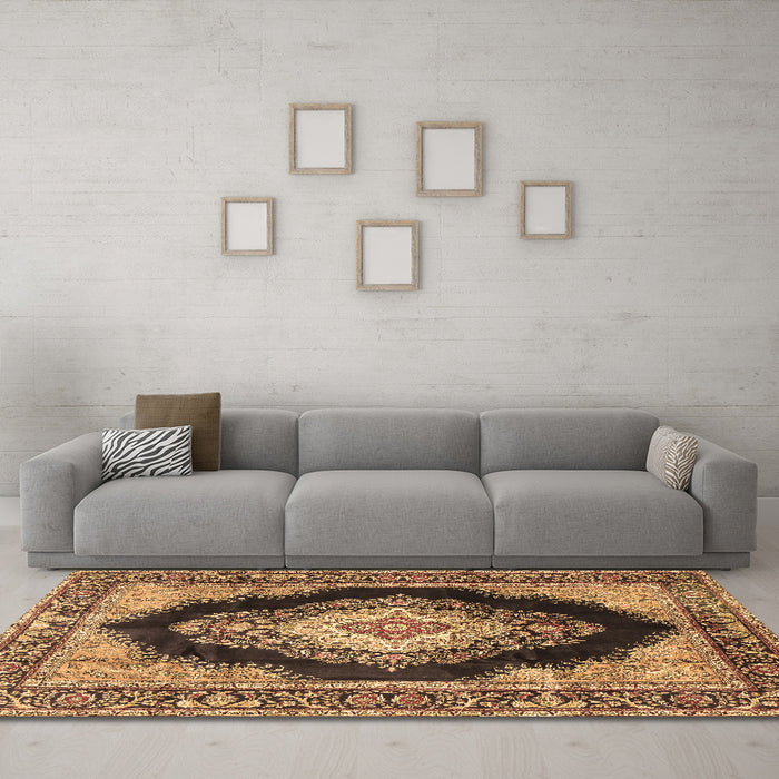 Machine Washable Medallion Brown Traditional Rug in a Living Room,, wshtr4364brn