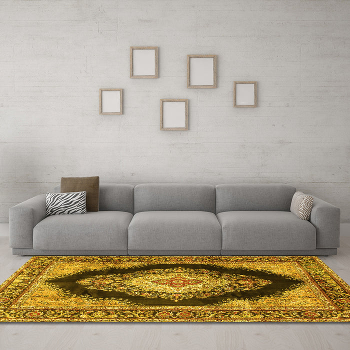Machine Washable Medallion Yellow Traditional Rug in a Living Room, wshtr4364yw
