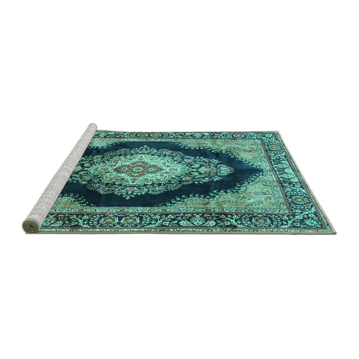 Sideview of Machine Washable Medallion Turquoise Traditional Area Rugs, wshtr4364turq