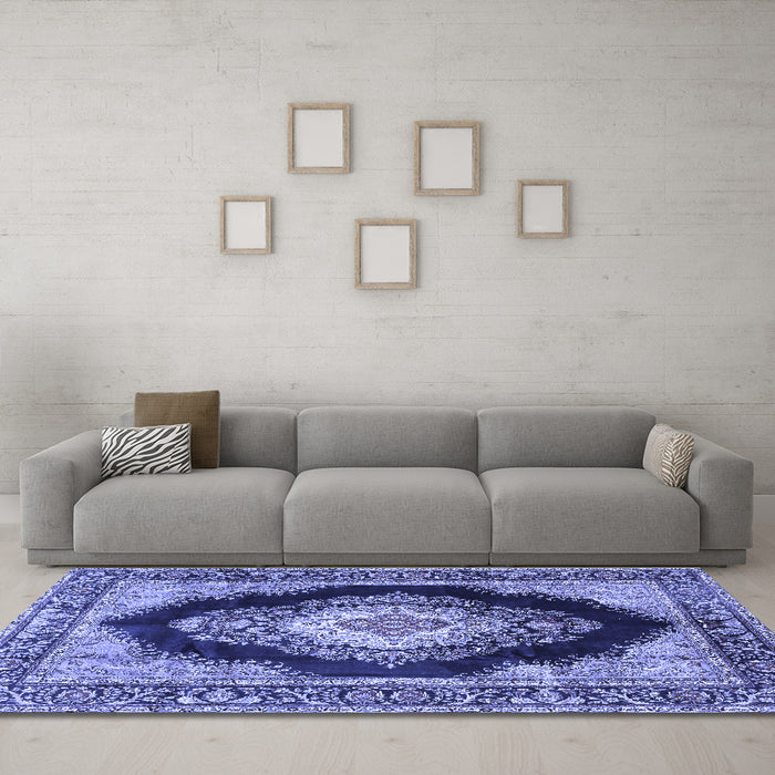 Machine Washable Medallion Blue Traditional Rug in a Living Room, wshtr4364blu
