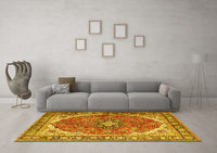 Machine Washable Medallion Yellow Traditional Rug, wshtr4366yw