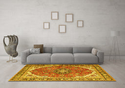 Machine Washable Medallion Yellow Traditional Rug in a Living Room, wshtr4366yw