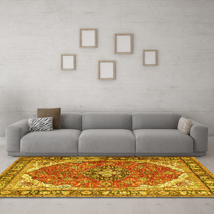 Machine Washable Medallion Yellow Traditional Rug in a Living Room, wshtr4366yw