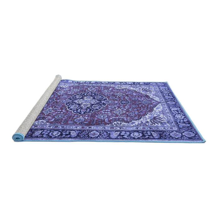 Sideview of Machine Washable Medallion Blue Traditional Rug, wshtr4366blu
