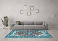 Machine Washable Medallion Light Blue Traditional Rug, wshtr4366lblu