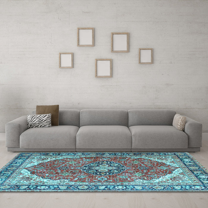 Machine Washable Medallion Light Blue Traditional Rug in a Living Room, wshtr4366lblu