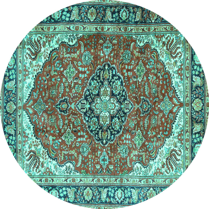 Round Machine Washable Medallion Turquoise Traditional Area Rugs, wshtr4366turq