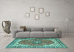 Machine Washable Medallion Turquoise Traditional Area Rugs in a Living Room,, wshtr4366turq