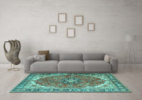 Machine Washable Medallion Turquoise Traditional Rug, wshtr4366turq