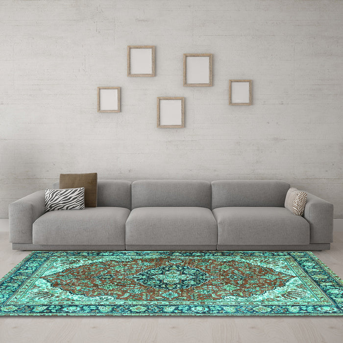 Machine Washable Medallion Turquoise Traditional Area Rugs in a Living Room,, wshtr4366turq