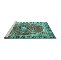 Sideview of Machine Washable Medallion Turquoise Traditional Area Rugs, wshtr4366turq
