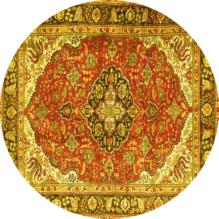 Round Machine Washable Medallion Yellow Traditional Rug, wshtr4366yw