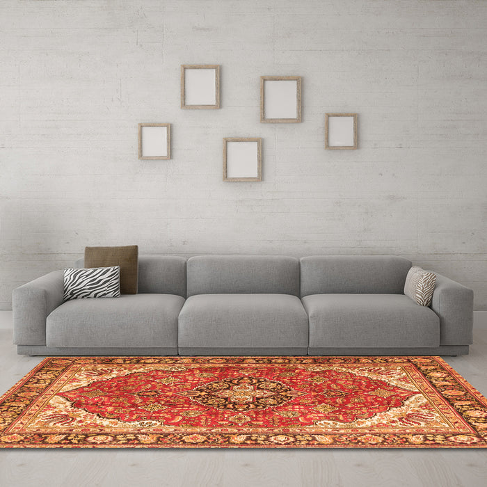 Machine Washable Medallion Orange Traditional Area Rugs in a Living Room, wshtr4366org