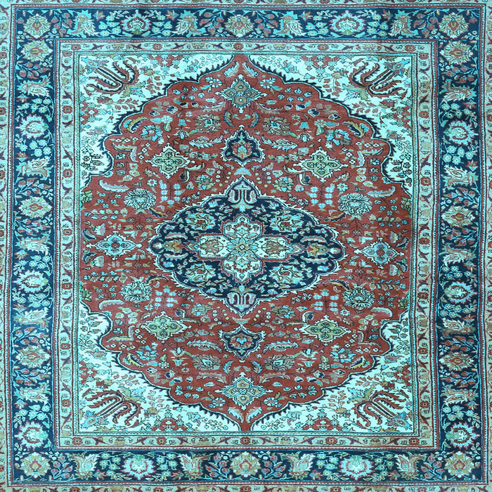 Square Machine Washable Medallion Light Blue Traditional Rug, wshtr4366lblu